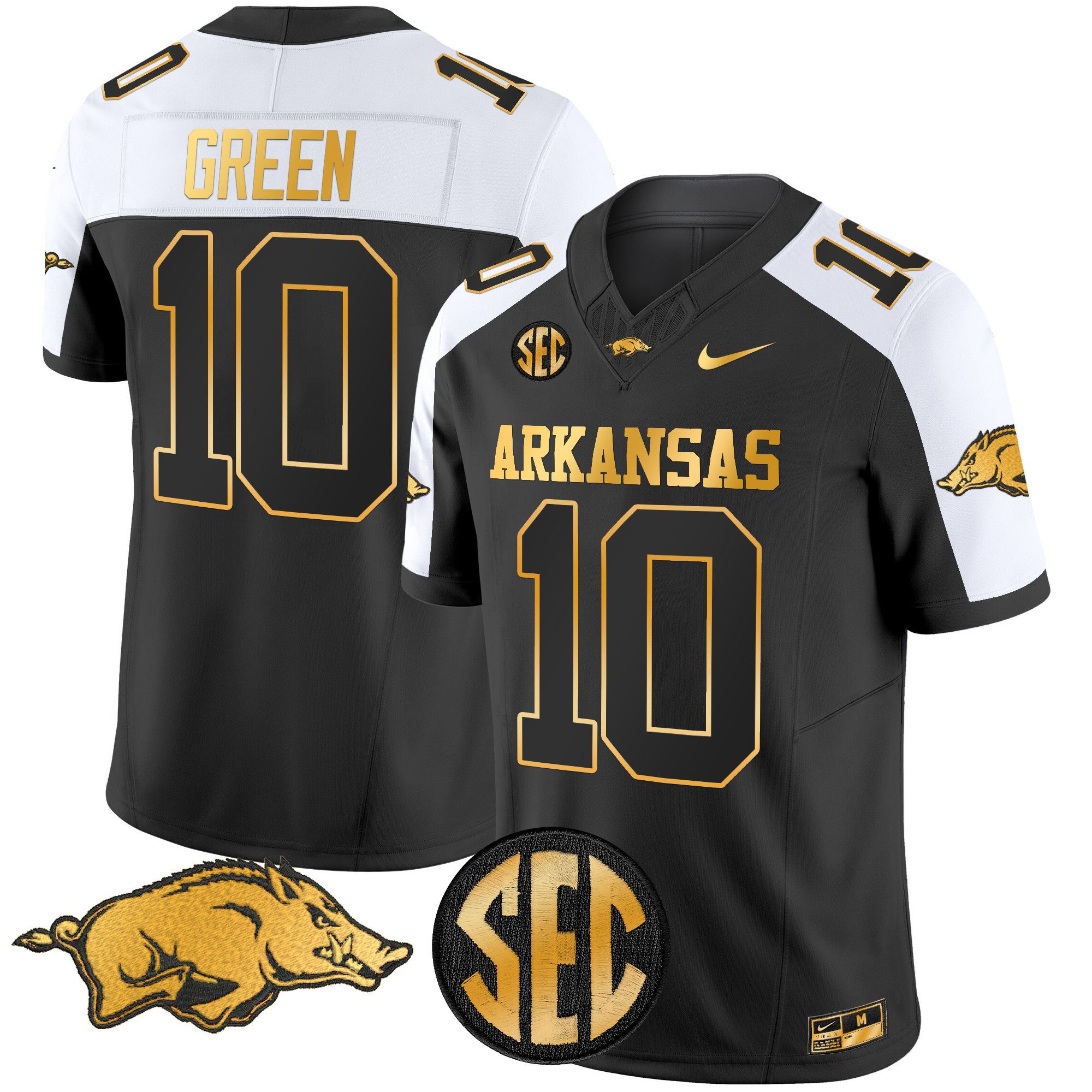 Men Arkansas Razorbacks #10 Green Black Nike 2024 Gold Vapor Limited NCAA Jersey
